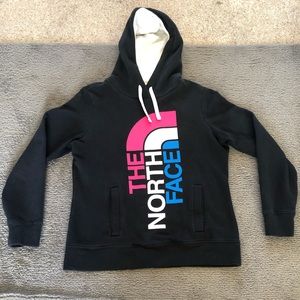 Women’s North Face Pullover Hoodie Black Long Sleeve Pink & Blue Logo Sz Large